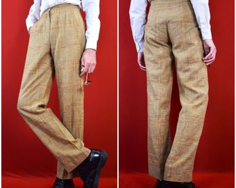 Italian Vintage Linen Pants - Tartan 80s Brown Capsule Business Trousers - Preppy Academia Chino Pants - 70s Aesthetic - Jazzy Unisex Retro