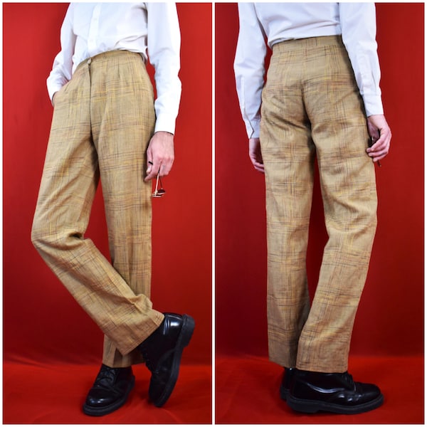 Pantalon en lin italien vintage - pantalon de travail capsule marron tartan des années 80 - pantalon chino preppy Academia - esthétique des années 70 - rétro unisexe jazzy