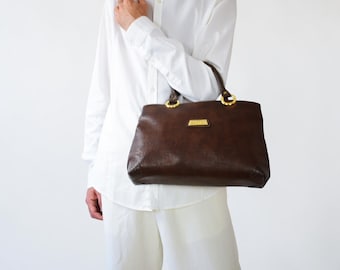 Vintage Italian Leather Tote Bag | Chocolate Brown Shoulder Purse | Lizard Embossed Detail