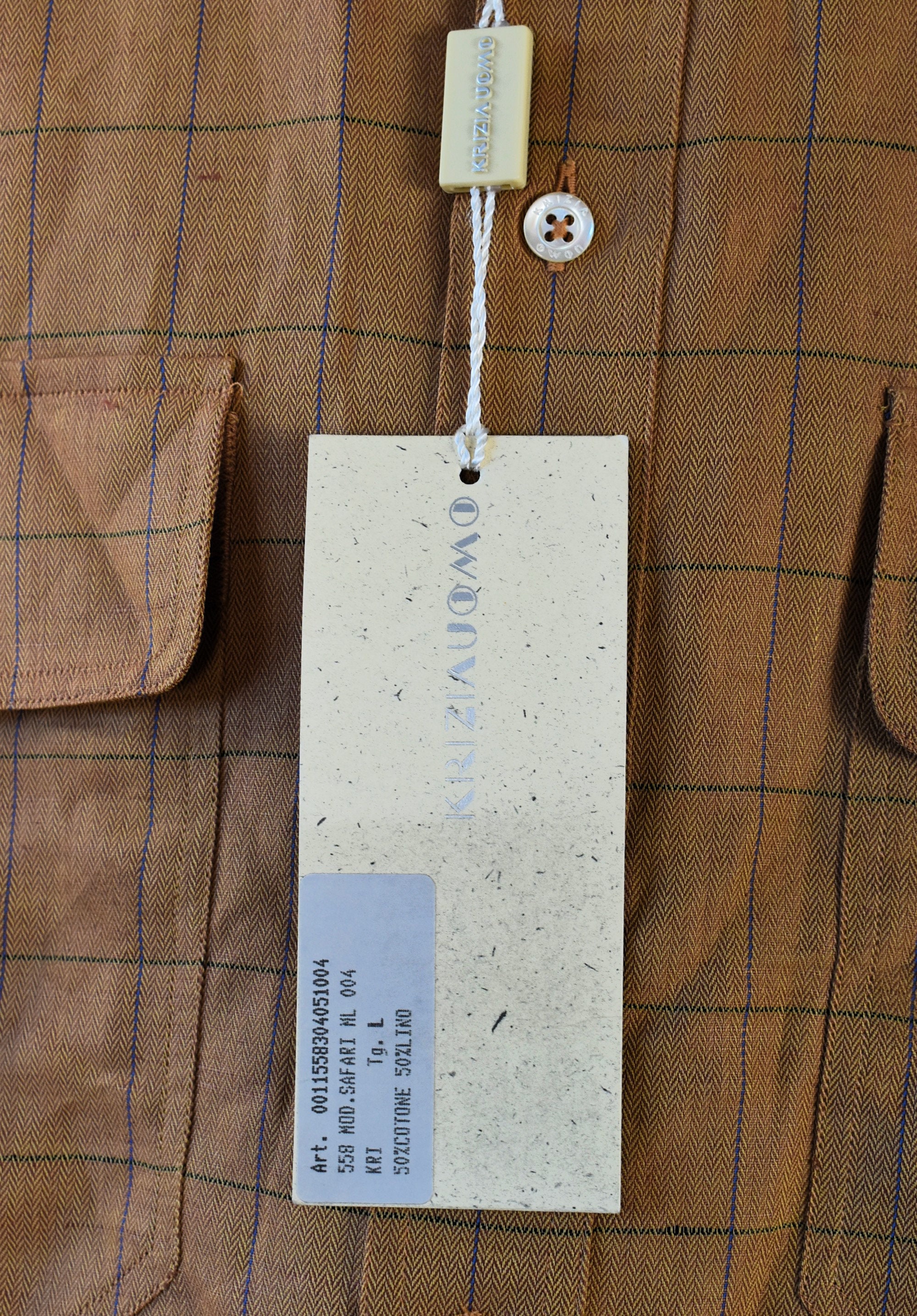 KRIZIA Designer Linen Shirt - Brown Checkered Luxurious - Made in 