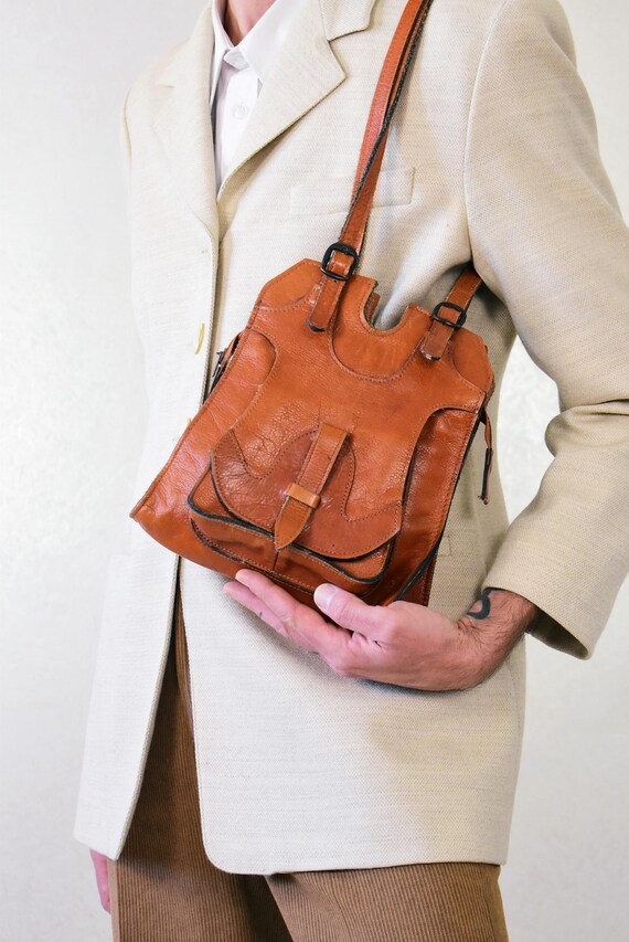 Vintage 1970s Italian Leather Shoulder Bag | Brown Artisan Satchel 