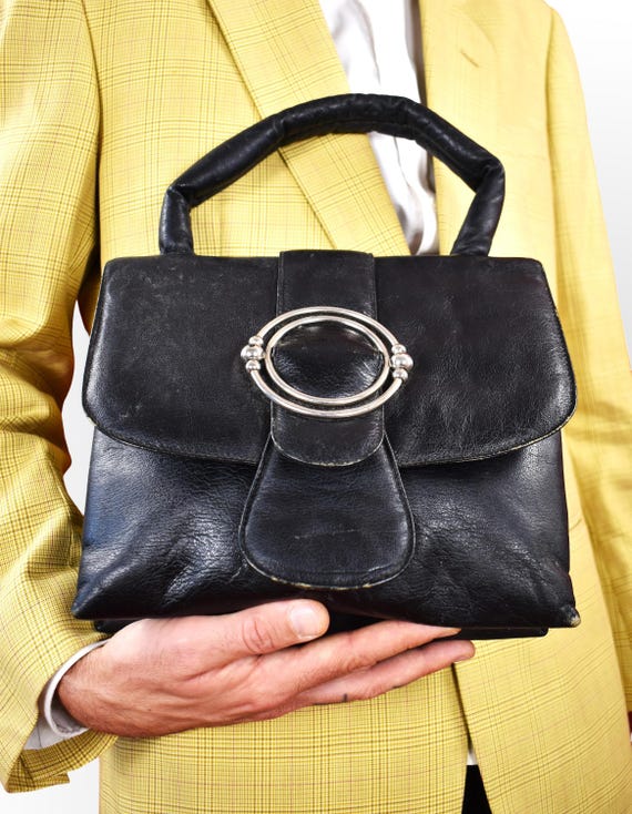 1950s Italian Leather Bag – Vintage Black Top Handle Purse, Gothic Glam Handbag