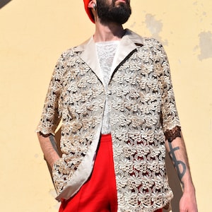 Vintage 90s Sheer Lace Shirt | Golden Floral Embroidered Mesh Blouse | See-Through Satin Collar Top | German Vintage | Romantic Quiet Luxury