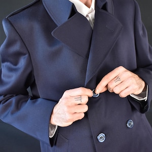 70s Italian Virgin Wool Overcoat: Navy Double-Breasted Trench Coat, Size L