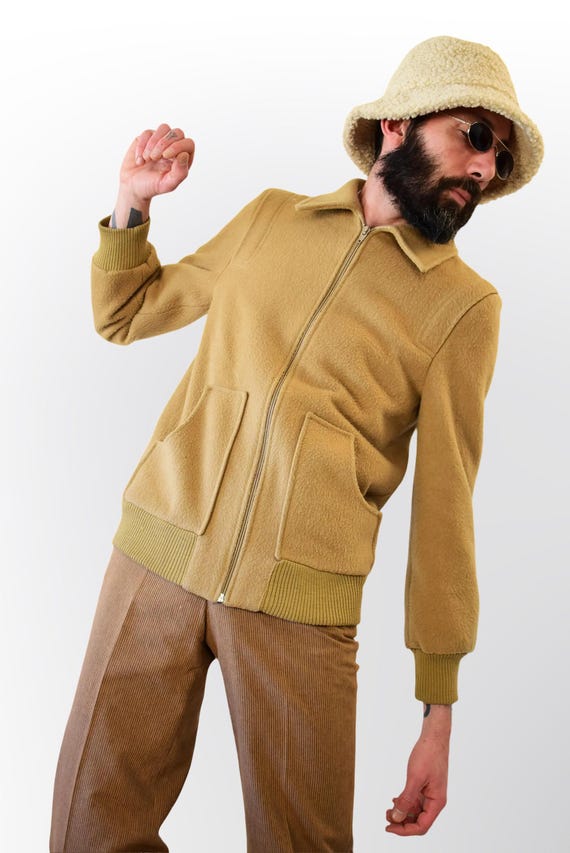 Vintage 70s Mohair Wool Jacket: Beige Zip-up Bomber, Made in 