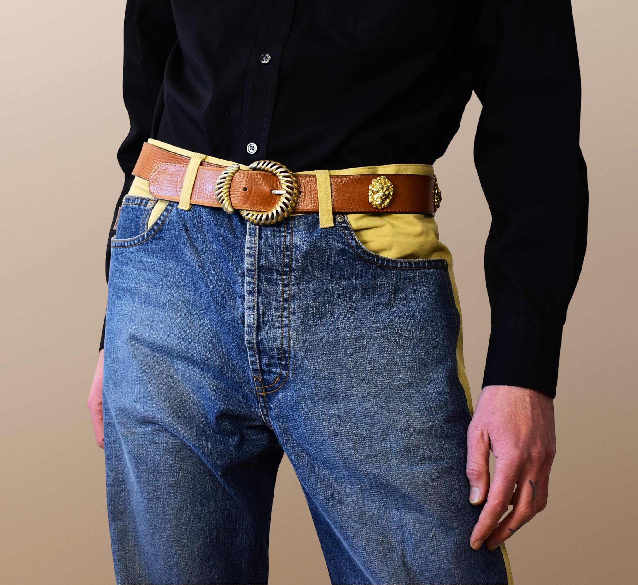 Vintage Italian Leather Belt: Baroque Sculptural 80s Gold Lion