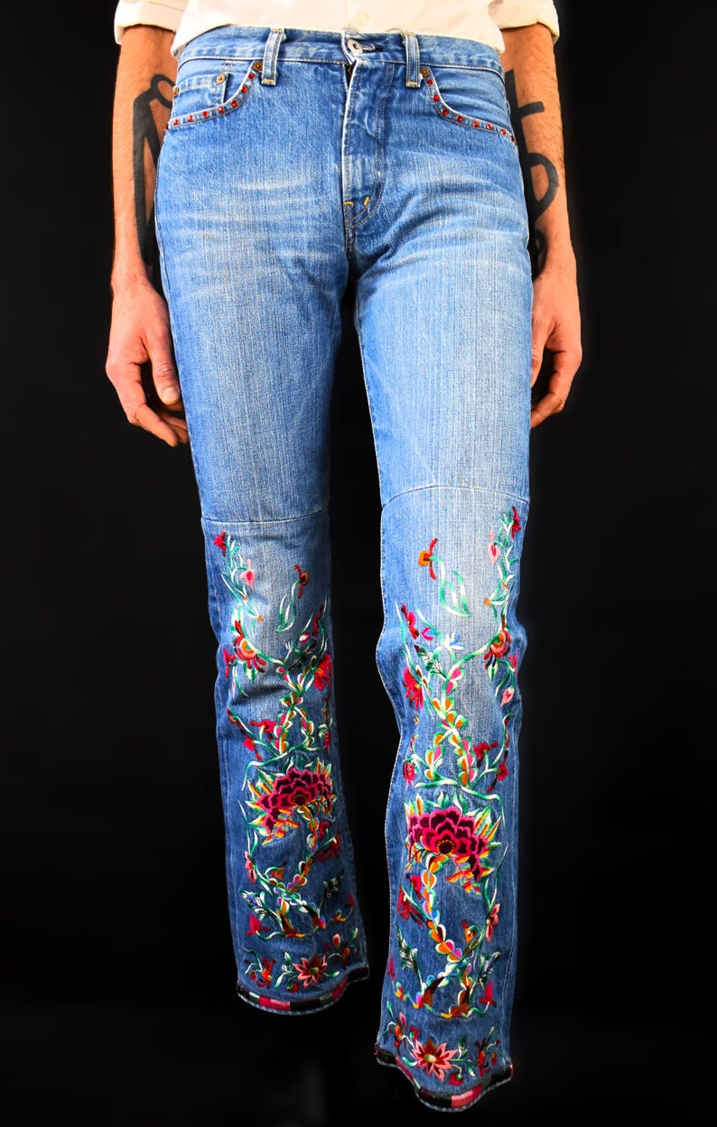 REPLAY Y2K Flared Vintage Jeans 90s Embroidered Denim Pants Floral Design Made in Italy Bohemian Pants 70s Style Pants Retro image 2