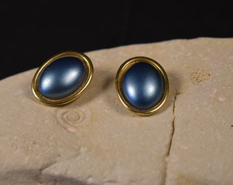 Vintage 60s Faux Pearl Clip-on Earrings - Statement Oval Dome Studs - Gold and Cobalt Blue