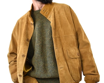 Vintage Suede Leather Bomber Jacket Beige Brown Size L - XL