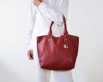 Vintage Italian Red Leather Tote Bag – Large Work Shoulder Shopper – Avorio Italy