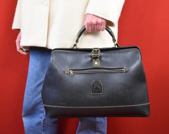 Borsa vintage di design italiano - Silvia Kelvyn - Borsa a tracolla in pelle nera anni '70 e '80 - Borsa per laptop - Borsa da lavoro - Borsa messenger - Valigetta