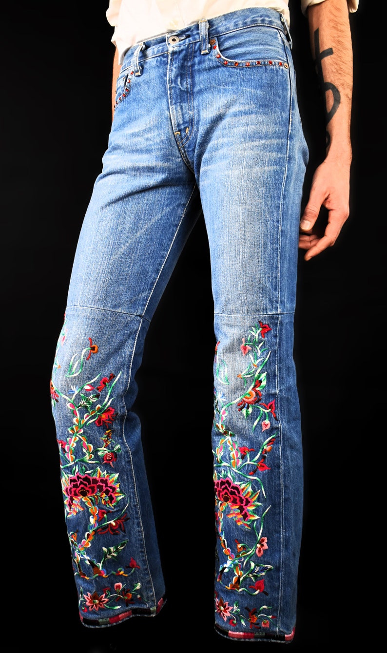 REPLAY Y2K Flared Vintage Jeans 90s Embroidered Denim Pants Floral Design Made in Italy Bohemian Pants 70s Style Pants Retro image 3