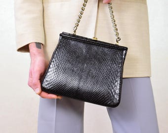 Bolso de piel de serpiente de los años 40: bolso vintage italiano negro con asa superior