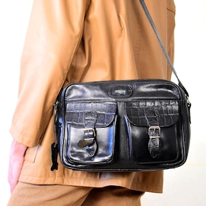 Vintage Croco Embossed Leather Crossbody Bag | 80s Italian El Campero Satchel | Black Shoulder Purse | Unisex Everyday Travel Messenger Bag