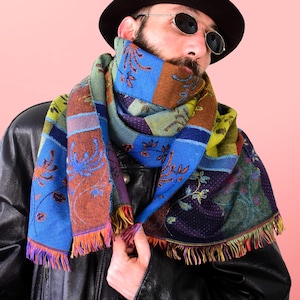 Vintage Patchwork Wool Blend Scarf: 90s Floral Boho Fringe Shawl