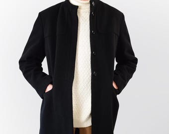 Kashmir Vintage 90-tals ullkappa - Minimalistisk Modernistisk Svart Italiensk Lång Kappa, Bandkrage