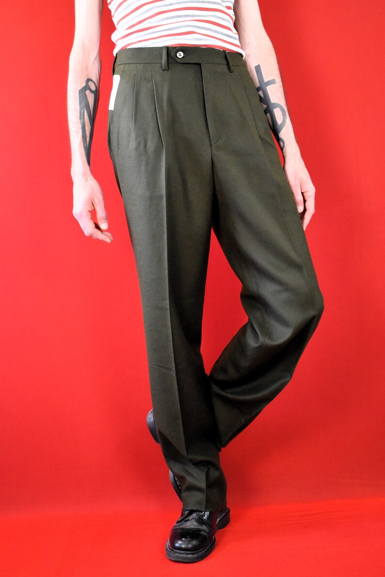 70s Dark green Vintage Wool Pants Tailored Trousers 100% Virgin Wool Elegant Business Pants Luxurious Elegant Man Pants Capsule image 3