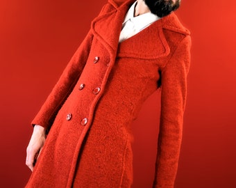 Italian Vintage Red Wool Trenchcoat - 70% Thick Wool - Double-breasted Coat - Womens Jacket -Retro 80s 90s Spring Fitted Coat  Made in Italy