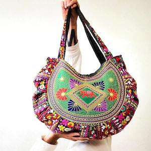 Boho Indischer Elefant bestickte Tasche | Vintage Gujarat Spiegel Tote | 90er Jahre Bunte Banjara Folk Geldbörse | Hippie Festival Schultertasche