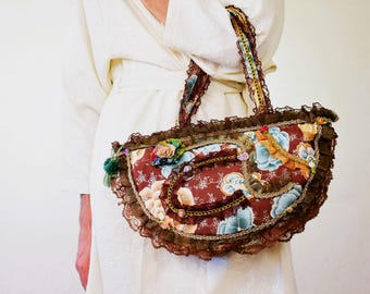 Vintage Floral Velvet Shoulder Bag: Coquette Maximalist Lace and Ribbons Purse