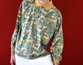Luxurious Vintage Polo Floral Italian Shirt - Made in Italy - 70s Longsleeve Retro Shirt - Sweater Jumper - Flowerpower - Romantic Design