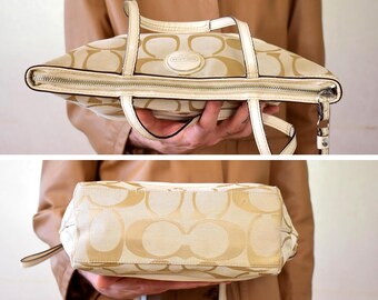 Vintage Coach Monogram Tote Bag: Original Y2K Beige Canvas and