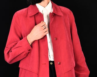 Cerise Pink Vintage 90s Jacket – Velvet Effect Parka Style Spring Jacket – Loose Shape Elegant Minimal Jacket