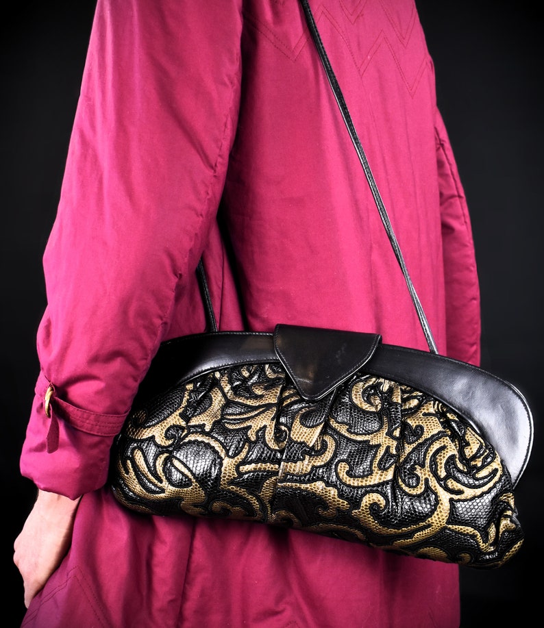 BRACCIALINI Italian Designer Vintage Shoulder Bag 80s 90s Patchwork Handbag Leather Luxury Baguette Bag Ornamental Evening Clutch image 2