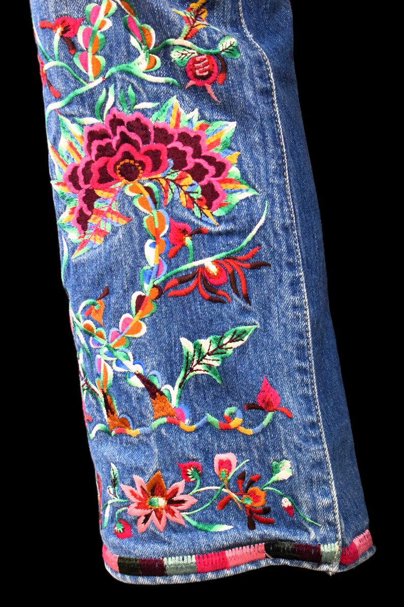 REPLAY Y2K Flared Vintage Jeans 90s Embroidered Denim Pants Floral Design Made in Italy Bohemian Pants 70s Style Pants Retro image 5