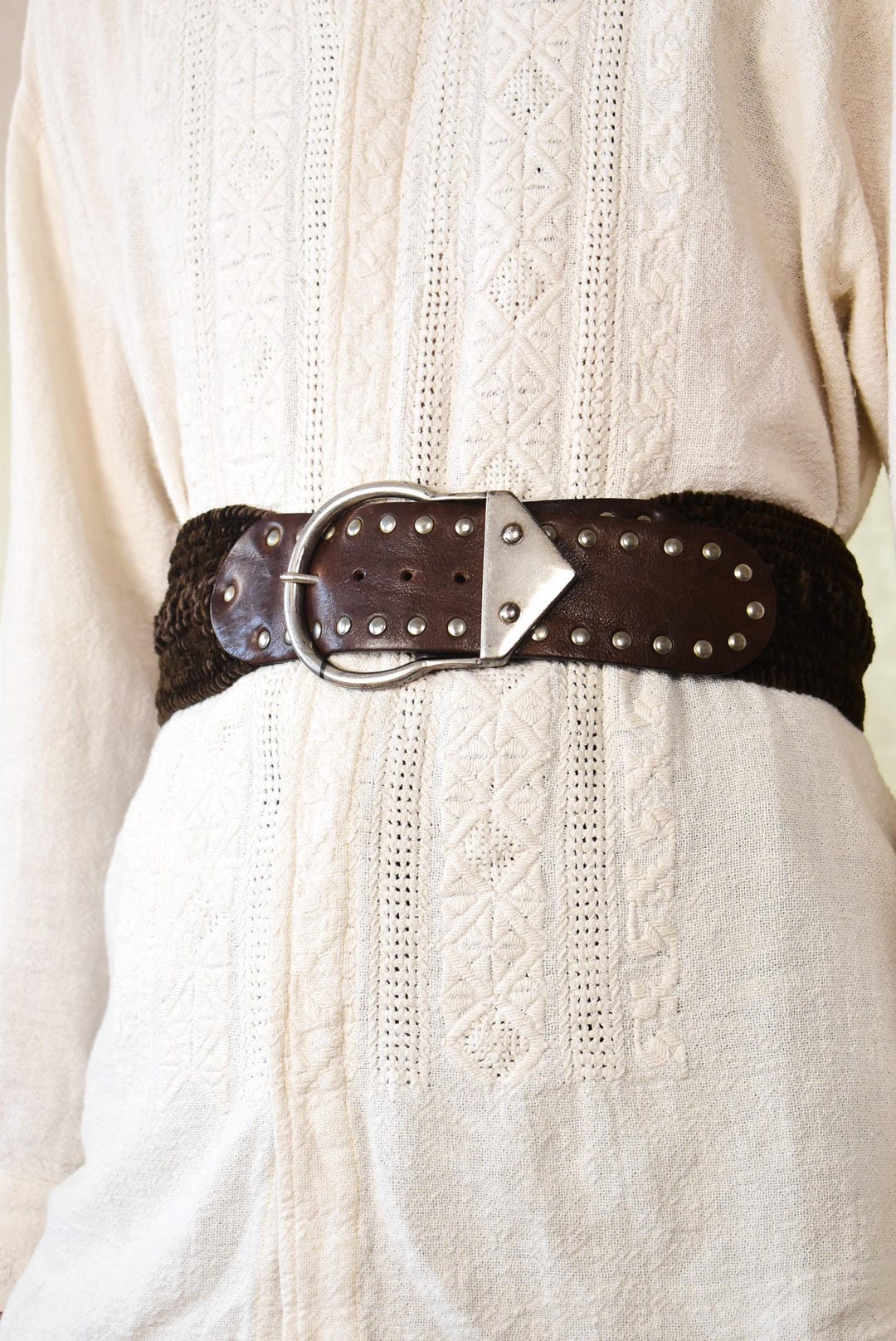 90s Italian Leather Woven Belt: Rustic Brown Boho Studded  display picture 3