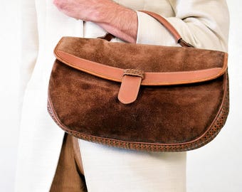 Vintage Italian Suede Leather Shoulder Bag | Convertible Handbag with Snakeskin Strap | 1970s Handcrafted Satchel