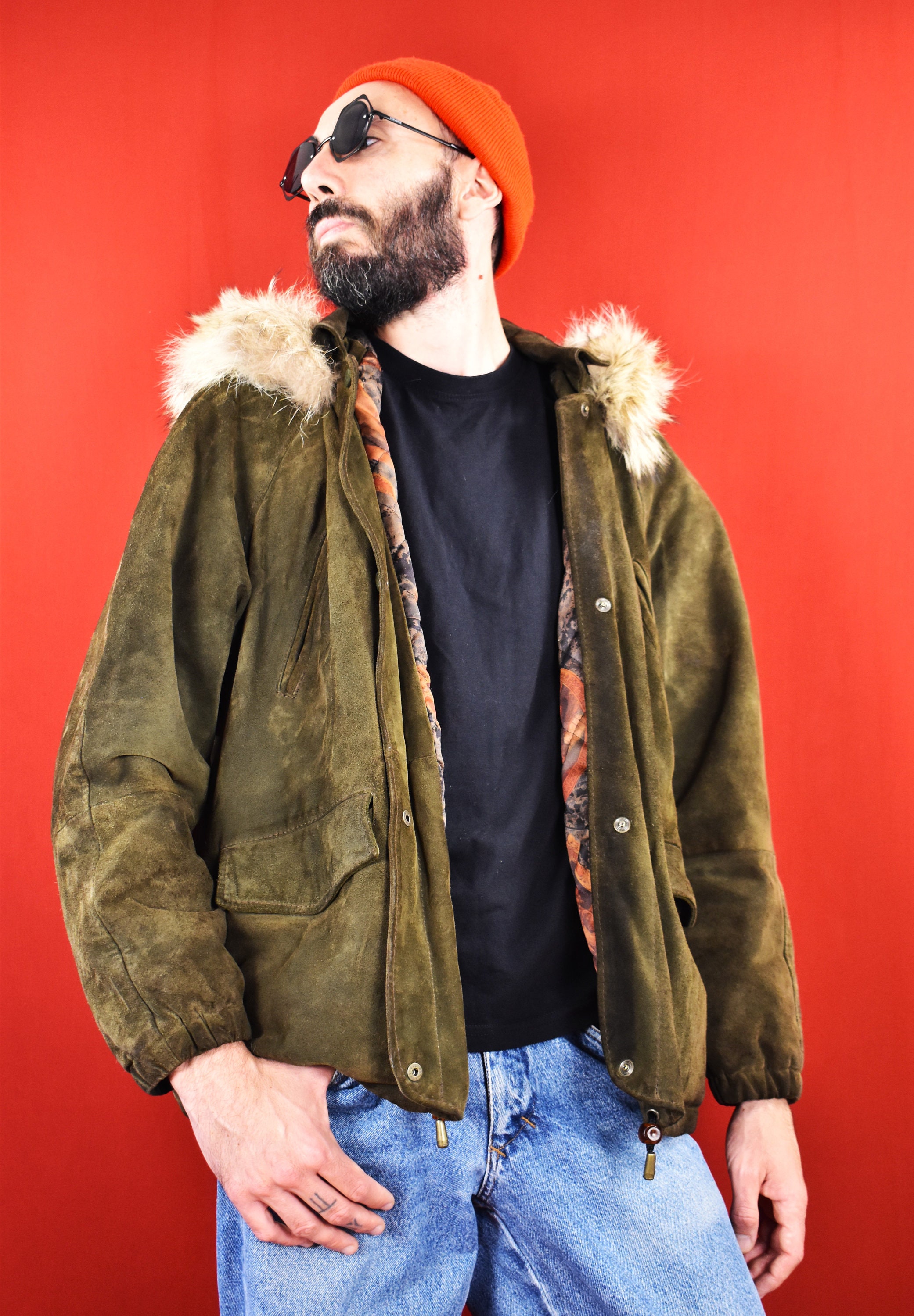 Vintage Italian Suede Bomber Jacket | 80s Green Leather Coat, Fur