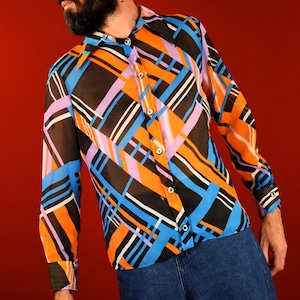 Vintage 70s Italian Geometric Print Shirt: Psychedelic Mod Blouse
