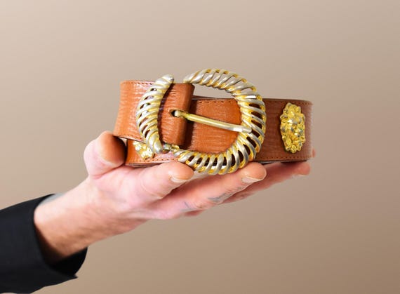 Vintage Italian Leather Belt: Baroque Sculptural 80s Gold Lion