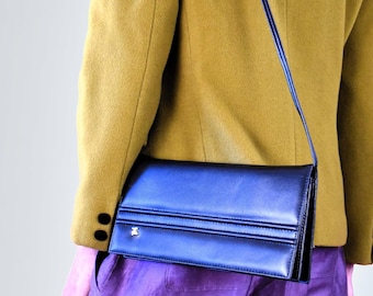 Bolso bandolera vintage italiano de piel negra: bolso de mano cruzado de los años 70