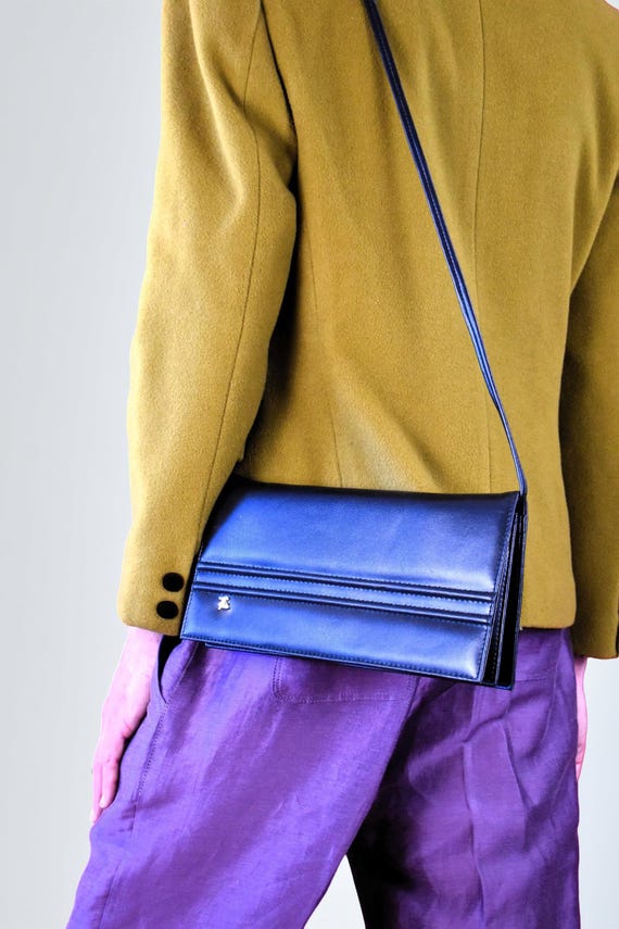 Vintage Italian Black Leather Shoulder Bag: 70s Clutch Crossbody 
