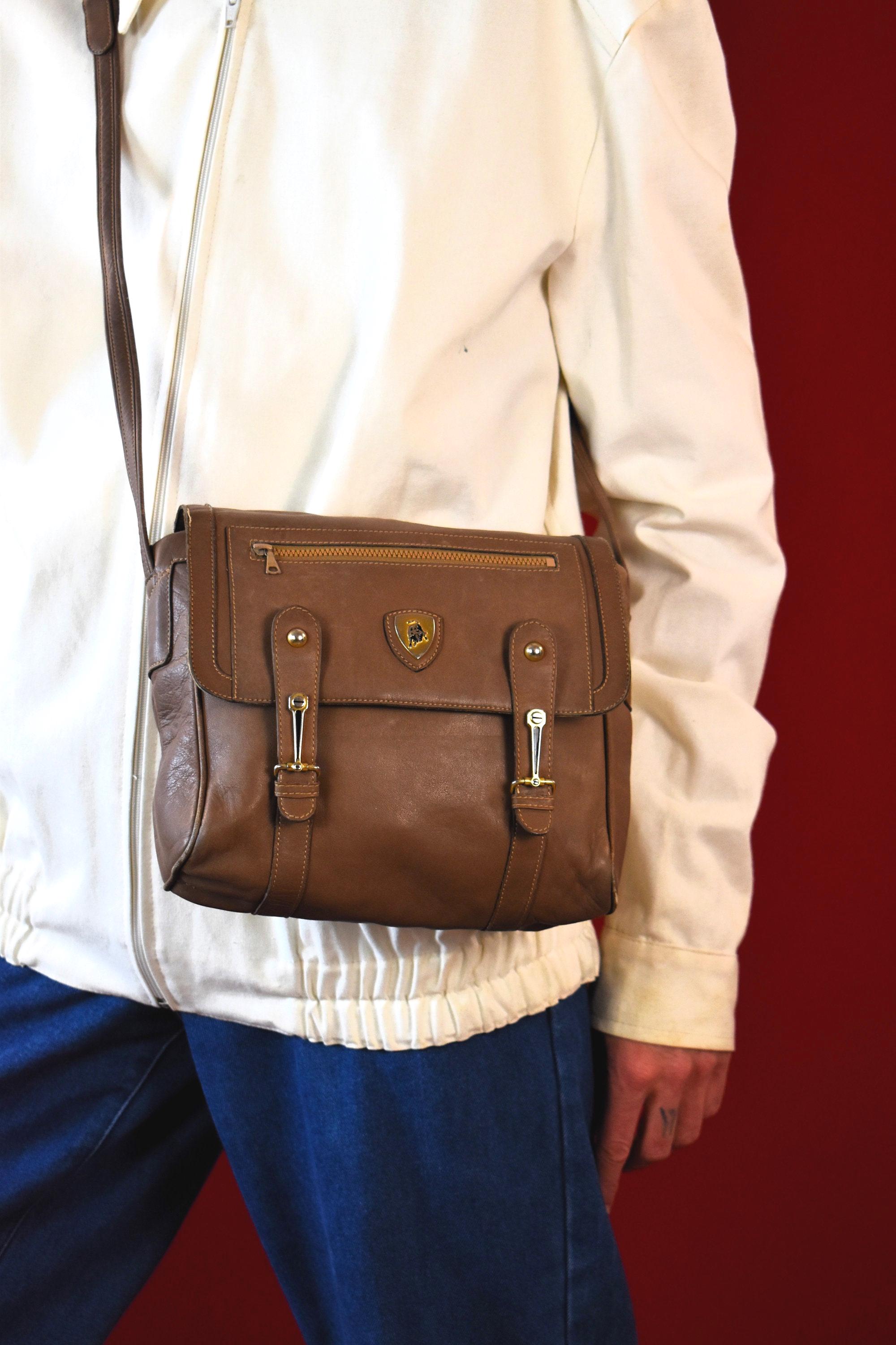 Vintage Tonino Lamborghini Leather Messenger Bag, Italian Brown