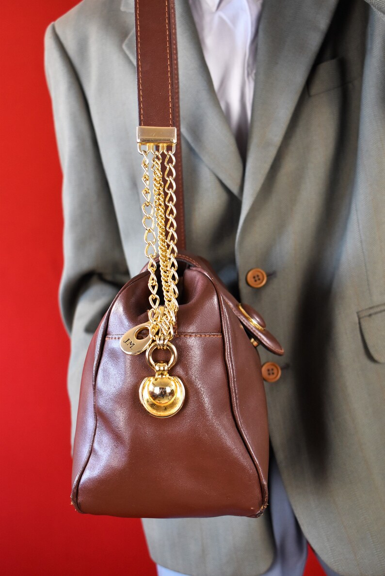 Vintage 80s Leather Shoulder Bag Golden Chain Crossbody Bag Made in France Messenger Bag Satchel Bag image 6