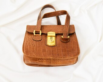 Sac à Main Francesco Biasia En Cuir Matelassé - Poignées Imprimé Crocodile, Beige - Neuf Sans étiquette