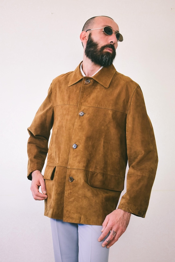 Vintage Caramel Brown Suede Jacket: Italian Leather Coat, Size 48