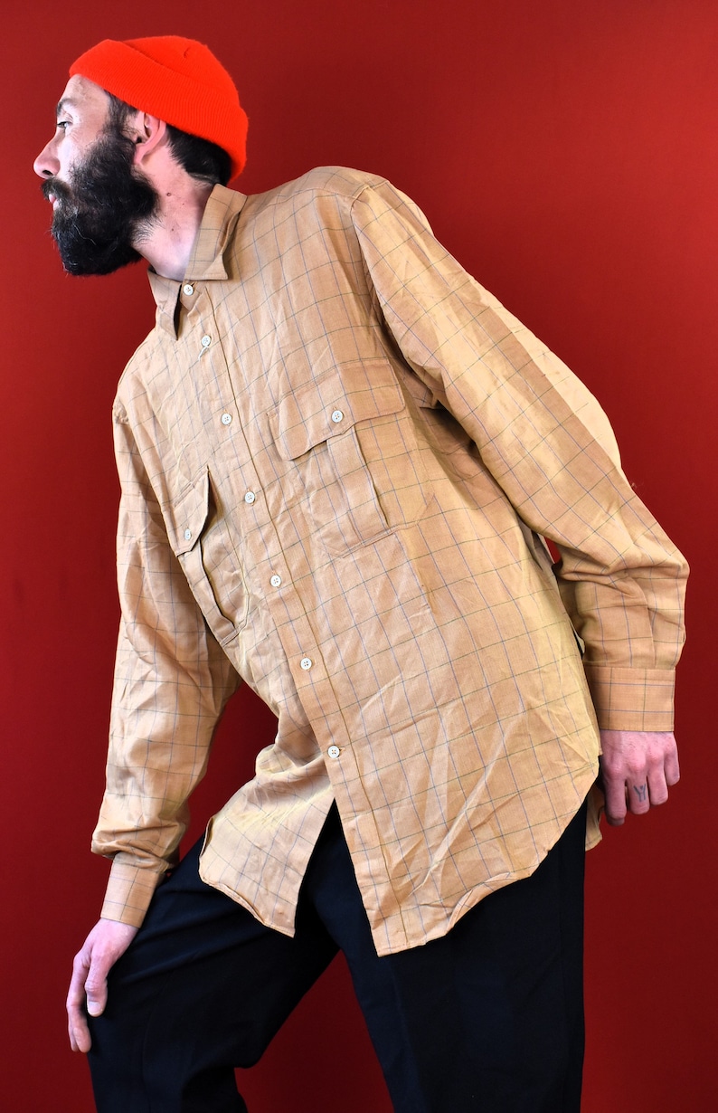 KRIZIA Designer Linen Shirt Brown Checkered Luxurious Made in Italy Linen Cotton Blend Mens Top Shirt Longsleeve Casual Shirt image 1