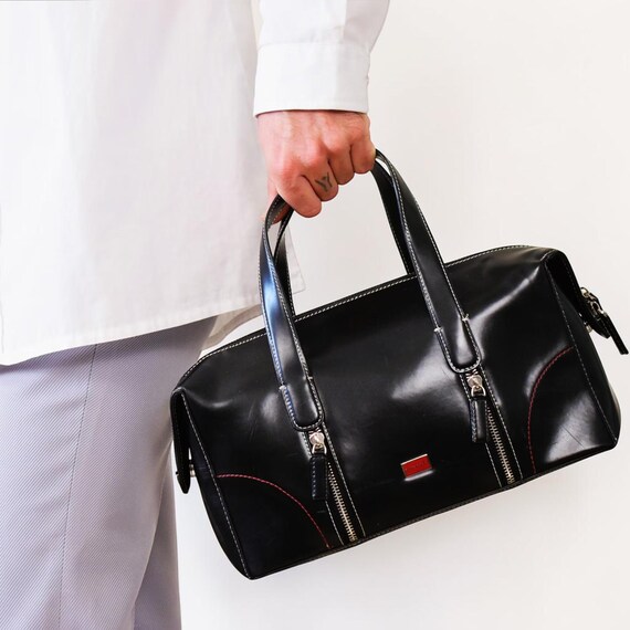 90s Pierre Cardin Handbag: Vintage Black Top Handle Bag with Minimalist Style