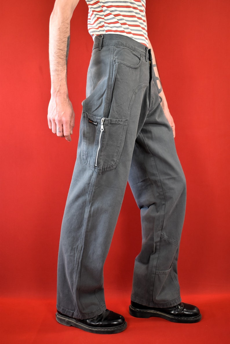 Original 90s Grey Bootcut Pants Cargo Wide Leg Trousers Pants 100% Cotton Made in Italy Baggy Mens 80s Oldschool Pants image 2