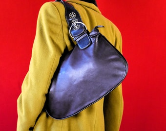 90s Real Leather Artisan Slouchy Handbag - Brown Vintage Purse - 70s - Shoulderbag - messenger bag - Hobobag - Embroideries - Metal Buckles