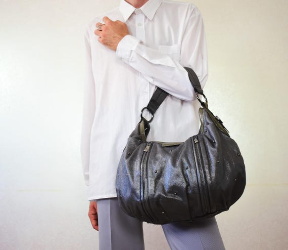Y2K Hogan Leather Hobo Bag: Italian Metallic Grey Shoulder Bag 