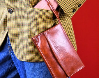 70s Italian Artisan Handmade Brown Real Leather Clutch - Vintage Purse - Evening Bag - Pochette - Handbag - Wristlet - Antique Leather