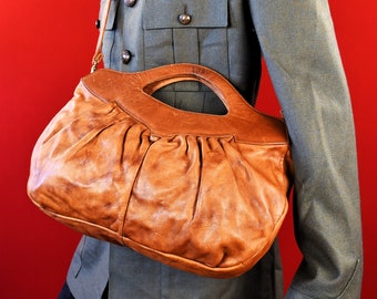 Brown Italian 70s Vintage Leather Top Handle Bag - Crossbody bag - Shoulderbag