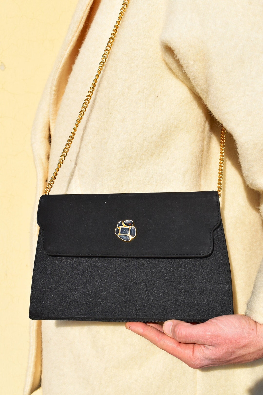 Vintage 90s Clutch Golden Chain Shoulder Strap Evening Bag Crossbody