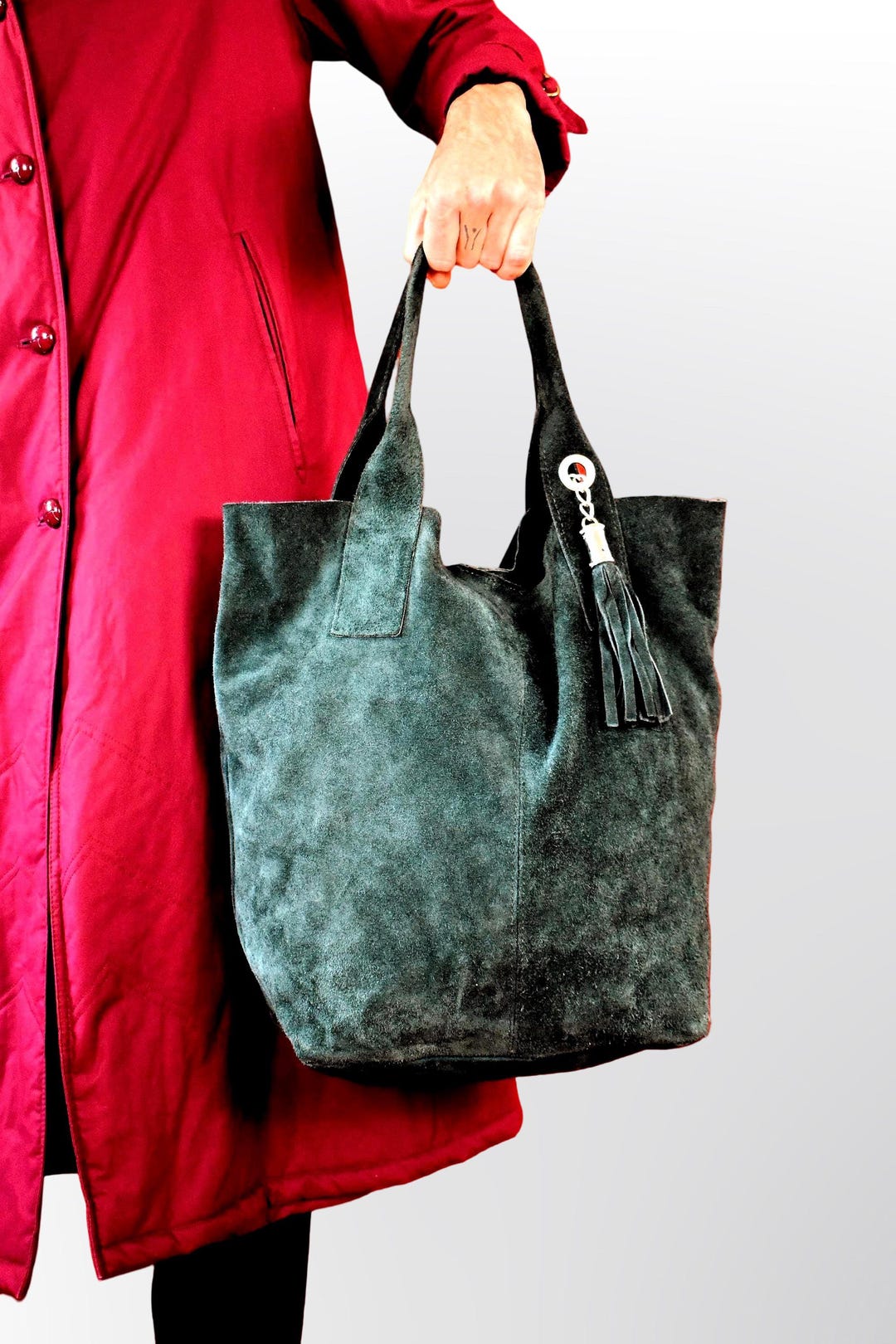 90s Italian Suede Tote Bag: Vintage Forest Green Leather Shopper 