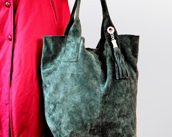 90s Italian Suede Tote Bag: Vintage Forest Green Leather Shopper, Slouchy Minimalist Shoulder Bag